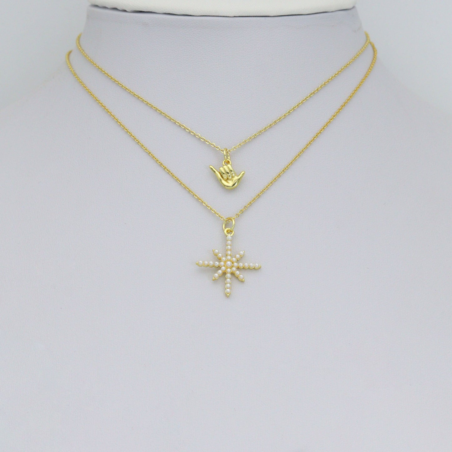 Gold Silver Shaka Hand Gesture Pearl North Star Pendant charm, Sku#A511