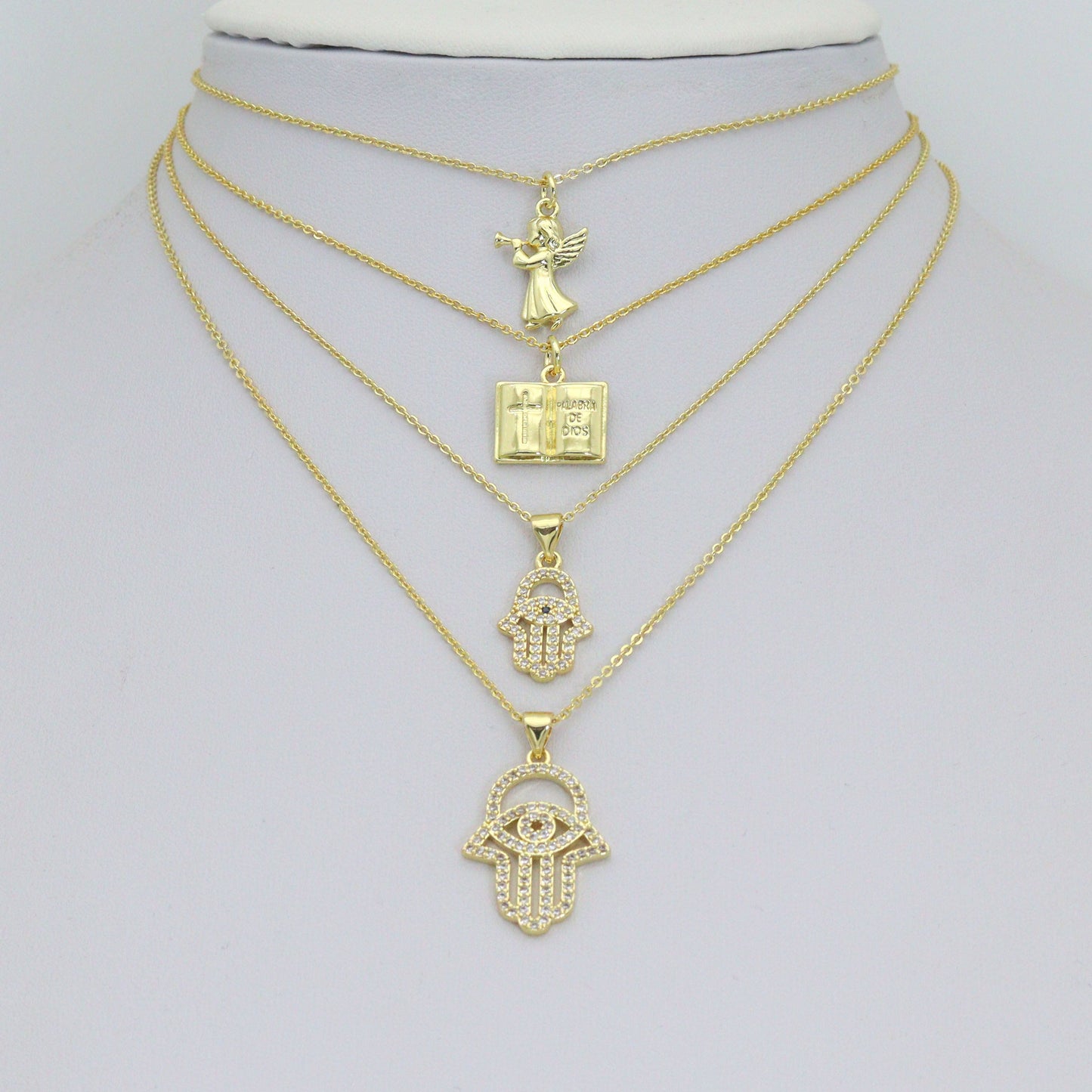 Bible Angel Gold Evil Eye On Hamsa Hand Charm Pendant, Sku#LK1305