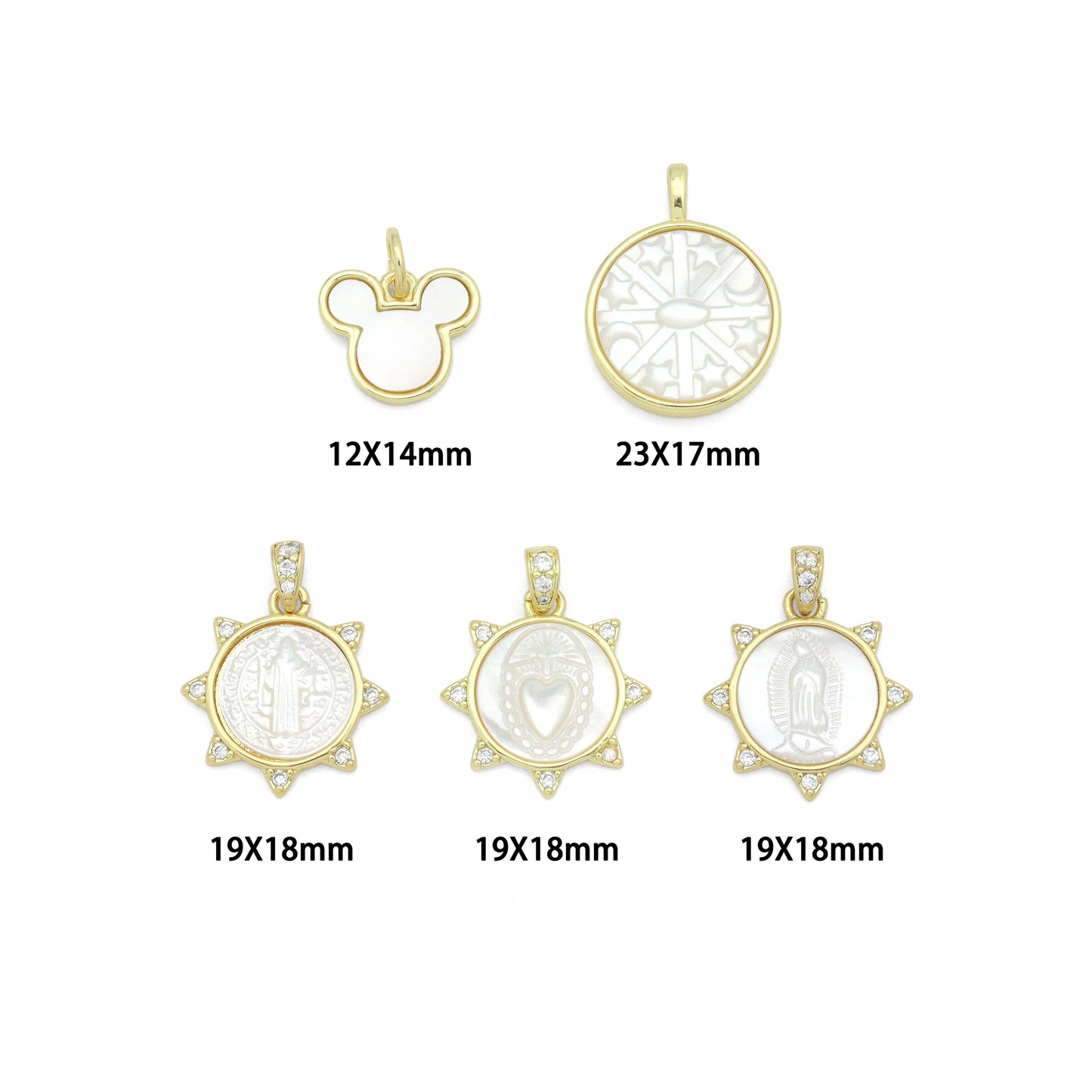 Gold Mother of Pearl Pendant Collection – Mouse Snowflake & Religious Designs, Sku#LX957