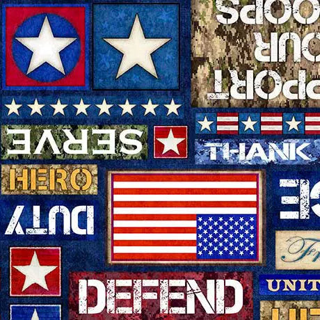 Multi Blue Patriot Text Wideback Cotton Fabric per yard