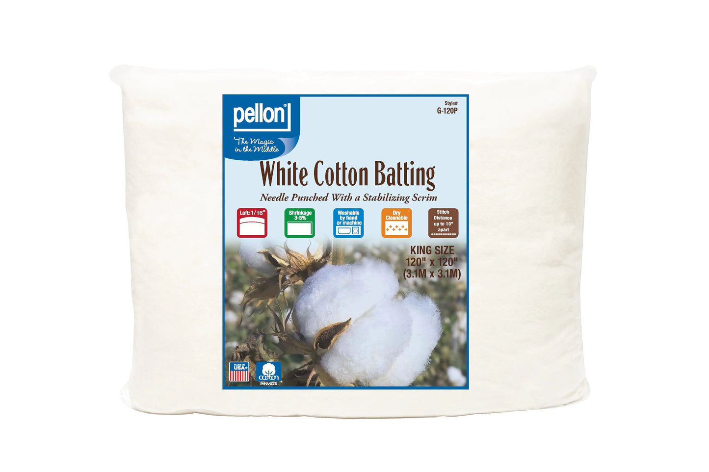 Pellon® White Cotton Batting With Scrim 120" x 120" King Size Package.