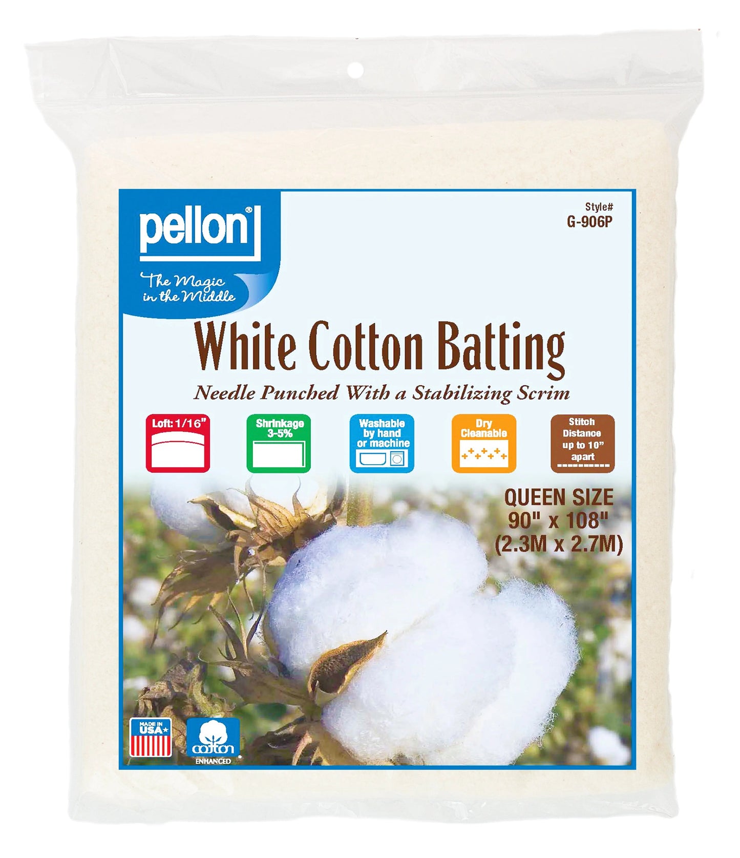 Pellon® White Cotton Batting With Scrim 90" x 108" Queen Size Package.