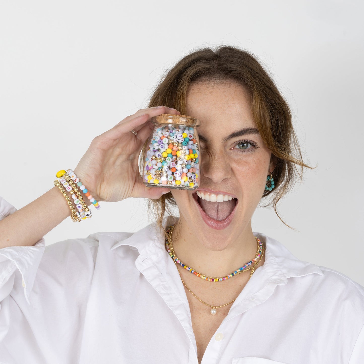 Shine Multicolor Letter Beads DIY Bracelet Jar with Ceramic Happy Face Charm