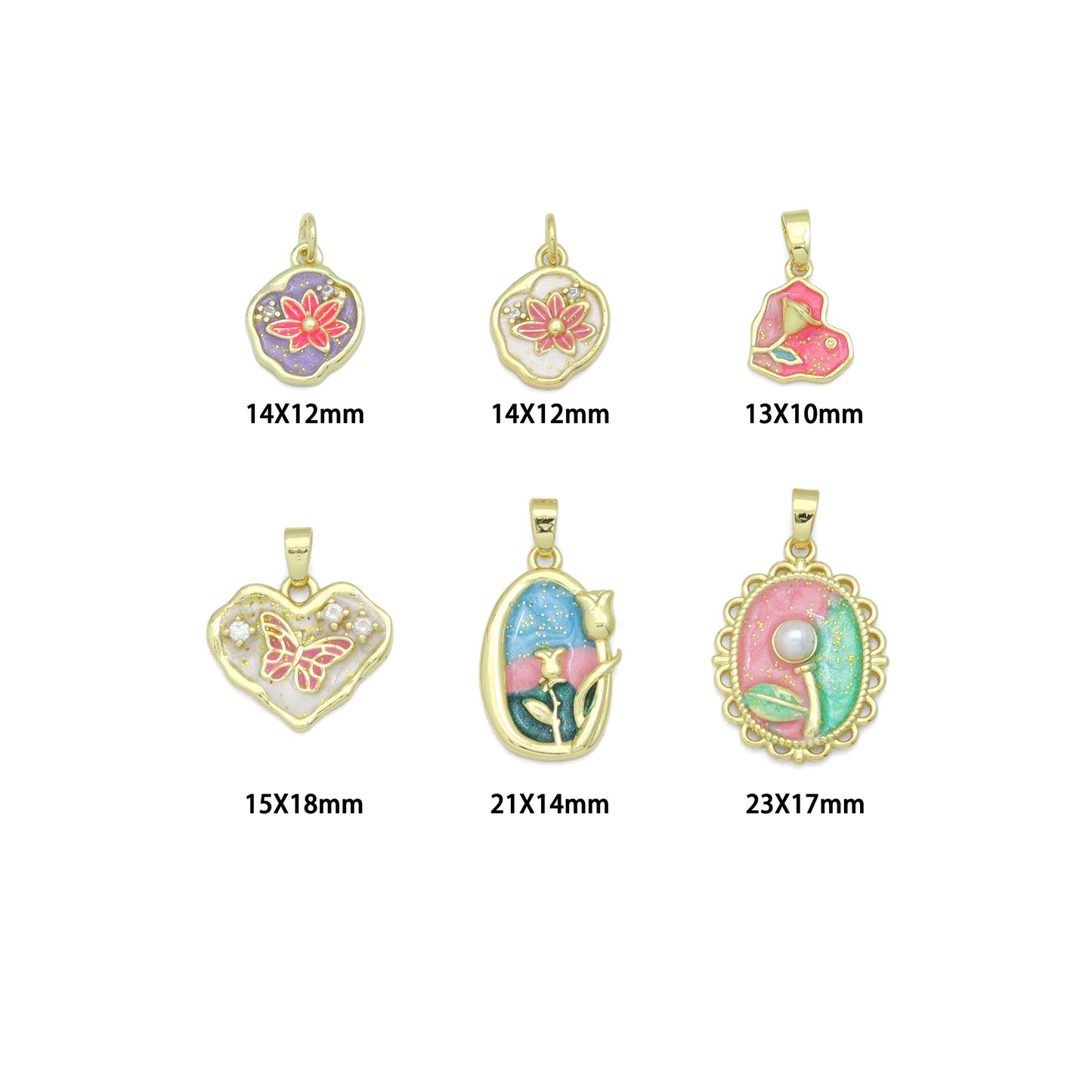 Gold Colorful Enamel Flower Butterfly Heart Oval Pendant charm, Sku#Z1484