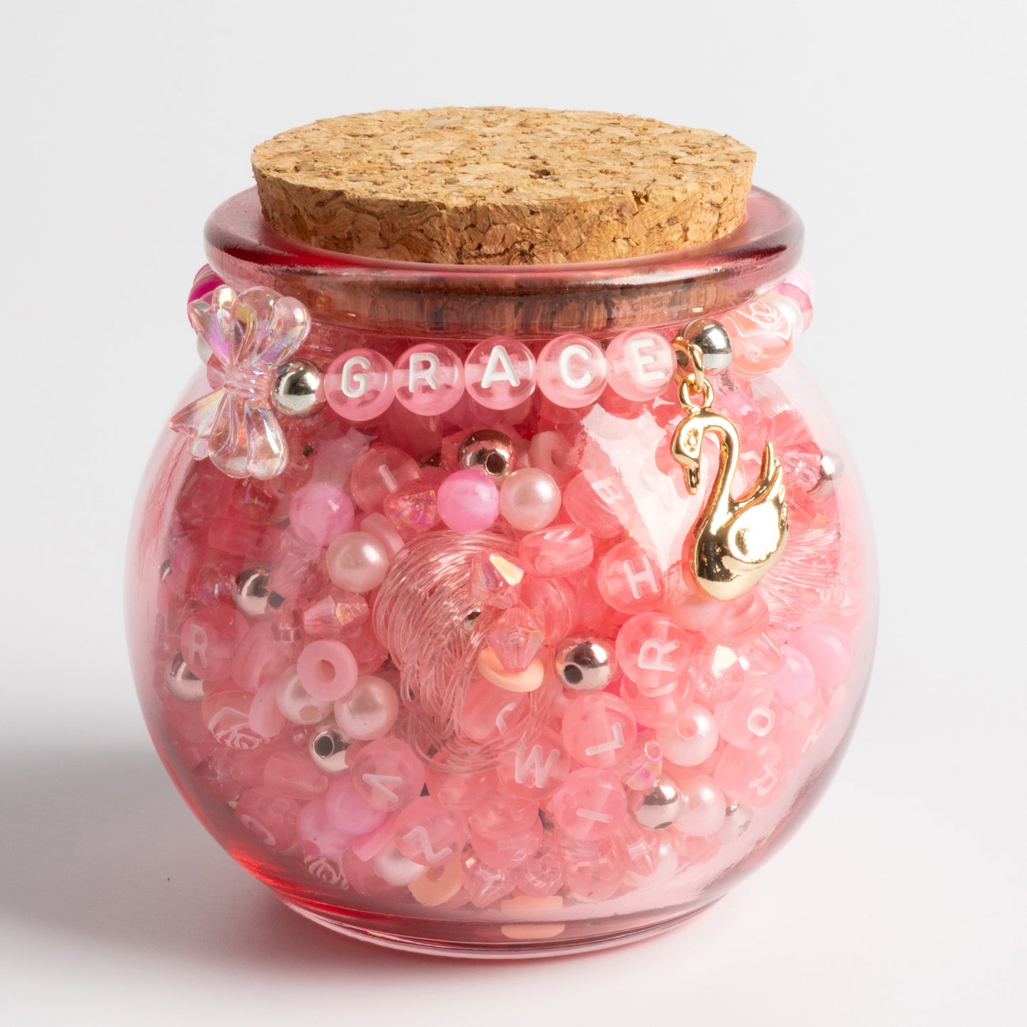 Grace Pink Translucent Letter Beads Coquette Bows Gold Swan Charm DIY Jar