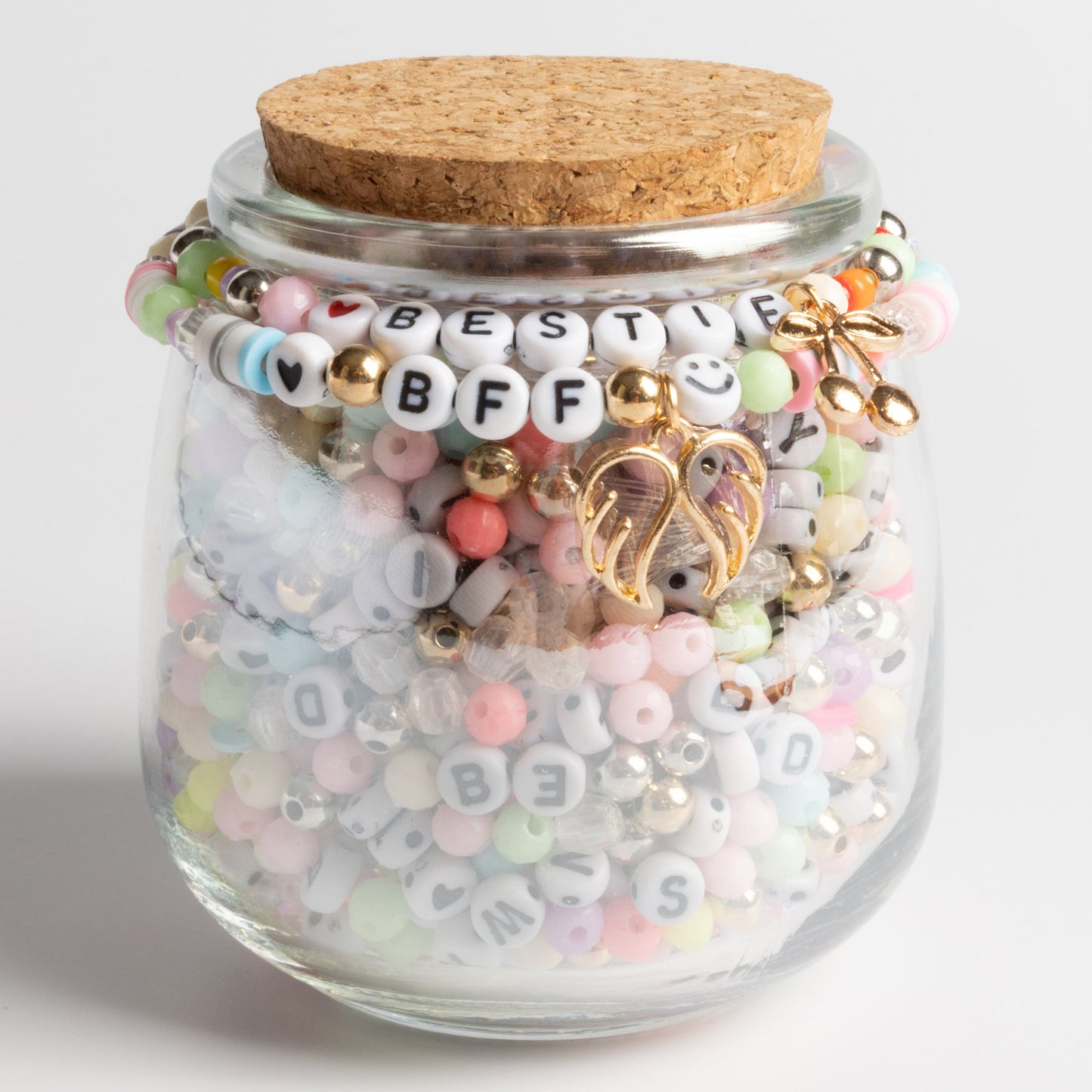 BFF Bestie Friendship Bracelet Making Bead Kit with Letter Beads Pastel Mix and Winged Heart Charm DIY Jar
