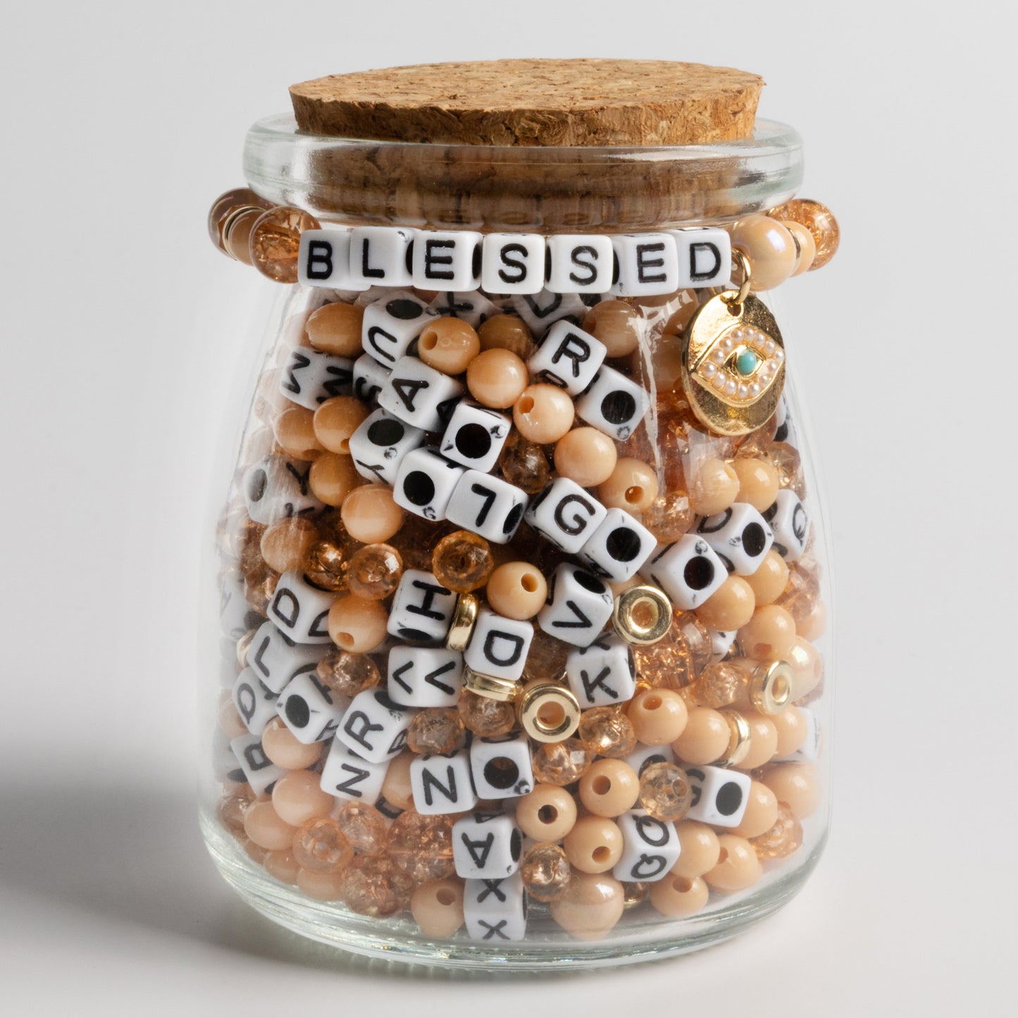 Blessed Evil Eye Charm Classic Block Letter Beads and Neutral Colored Beads DIY Jar