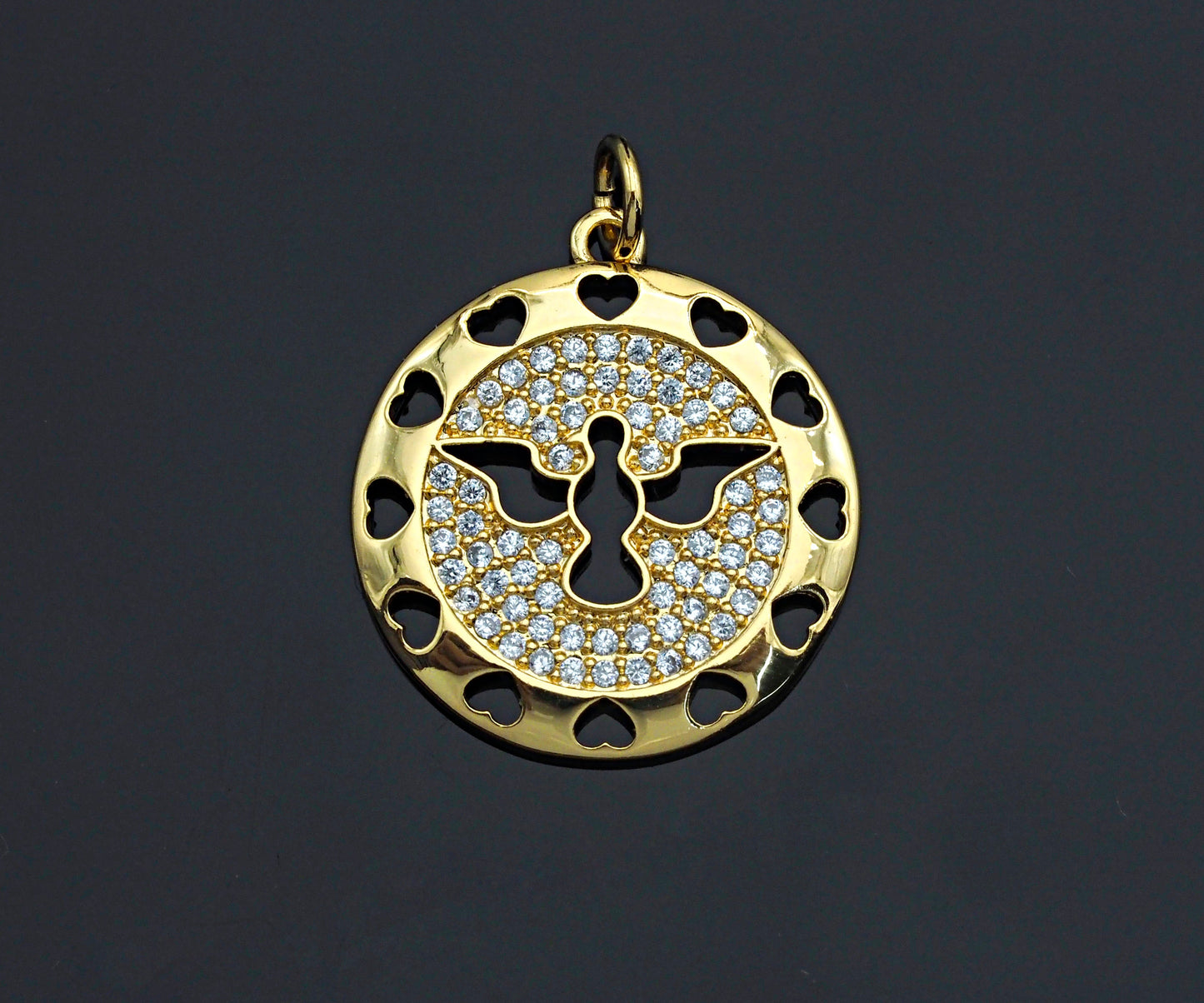 Clear CZ Hollow Out Bird Heart Round Coin Charm Pendant, Sku#F1167