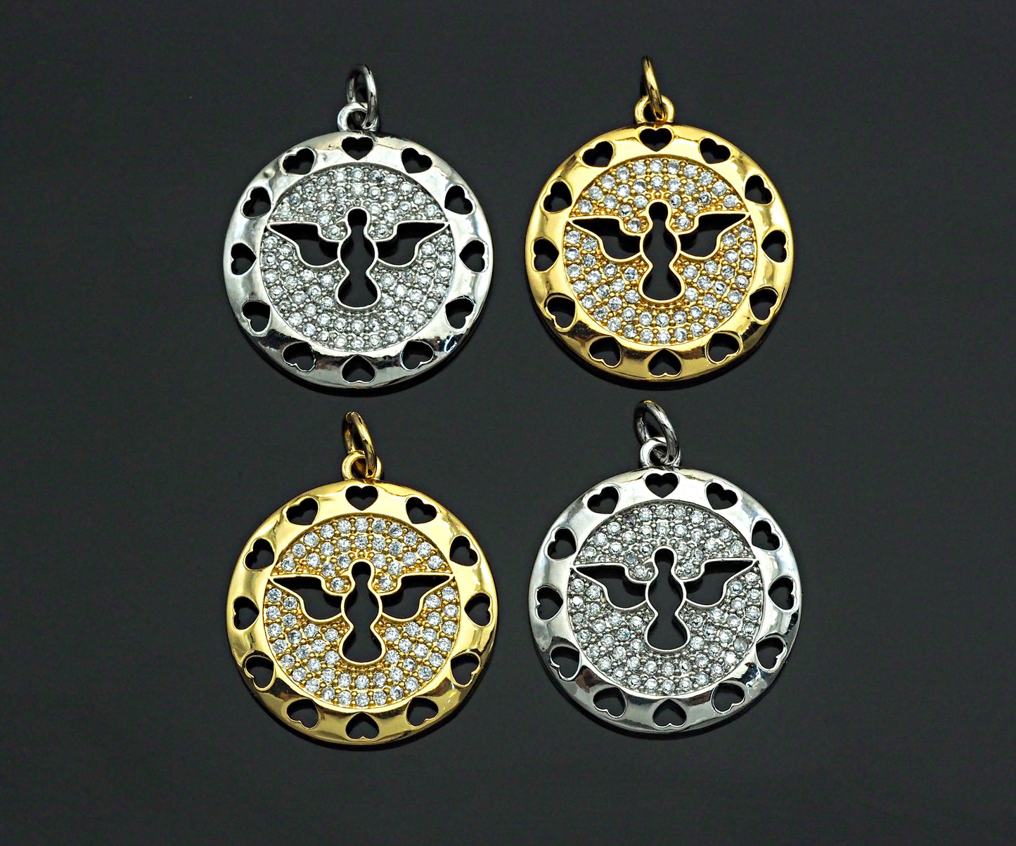 Clear CZ Hollow Out Bird Heart Round Coin Charm Pendant, Sku#F1167
