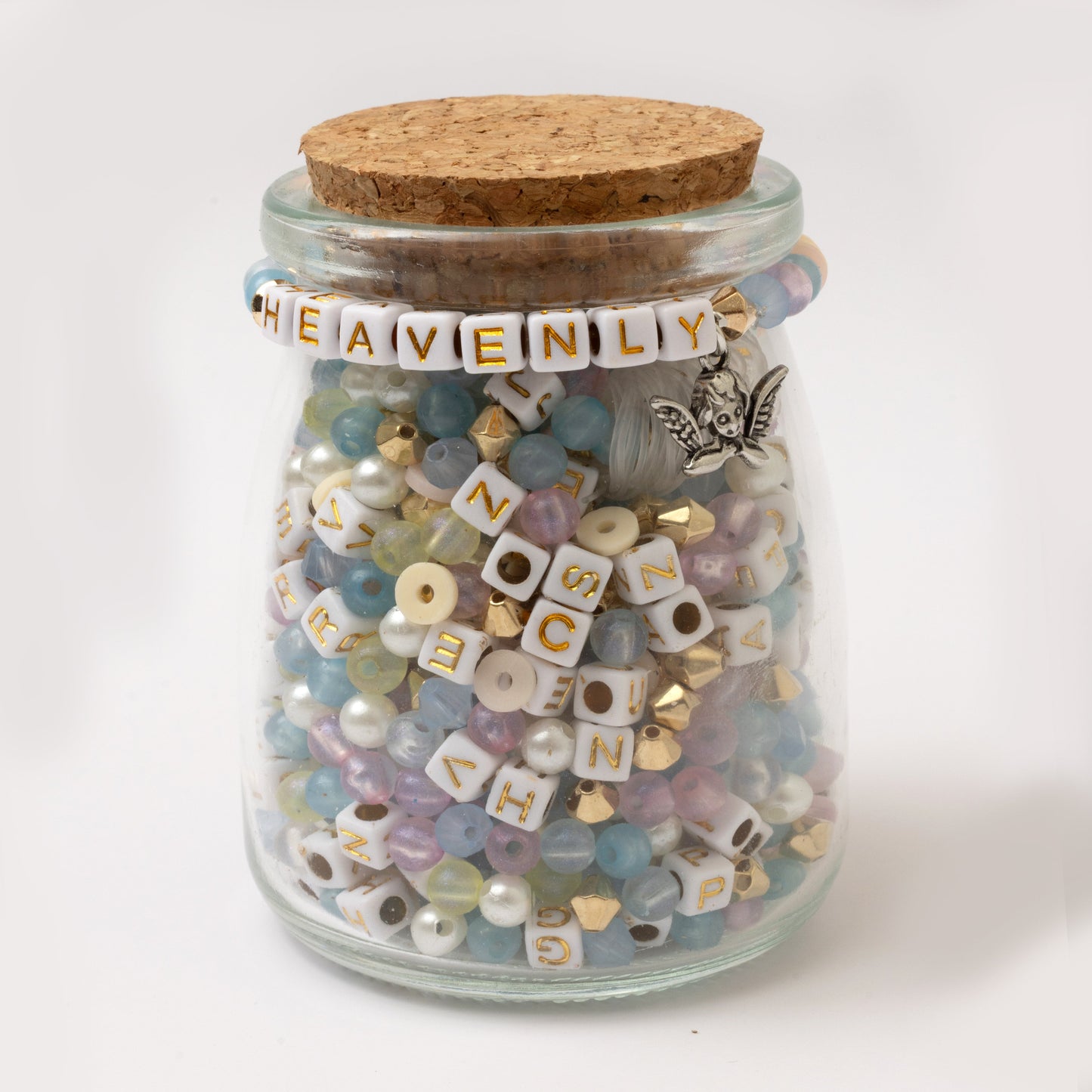 Heavenly Pastel Bead Jar with Gold Block Alphabet Letters DIY Stretch Bracelet Kit