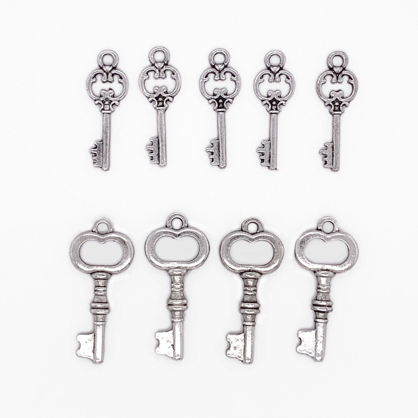 Antique Silver Vintage Miniature Skeleton Keys 9pc Charm Set