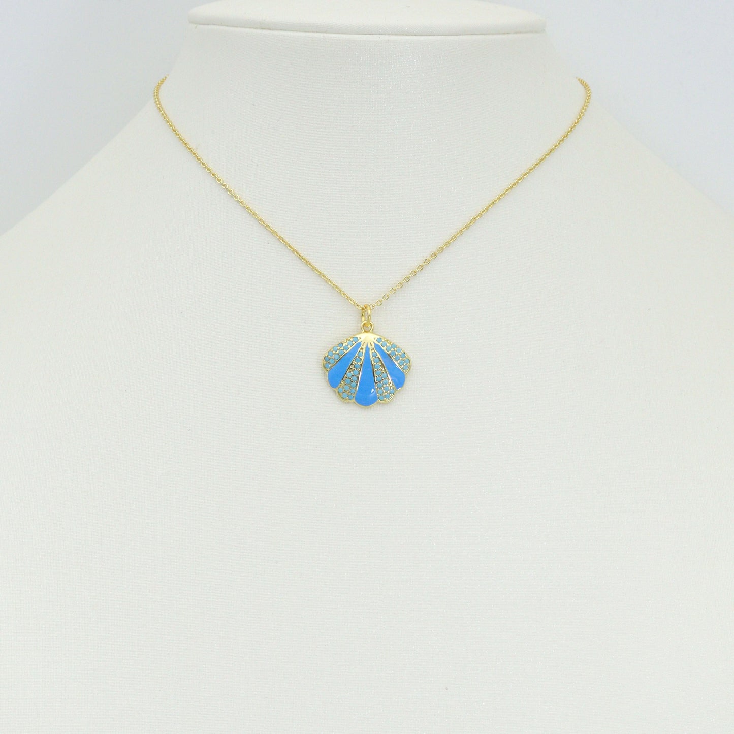 White Blue Enamel  CZ Clam Shell Charm Pendant, Sku#A515