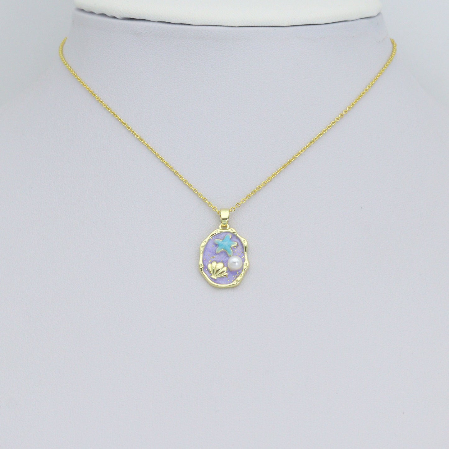 White Purple Enamel Gold StarFish Shell Pearl Oval charm, Sku#Z1483