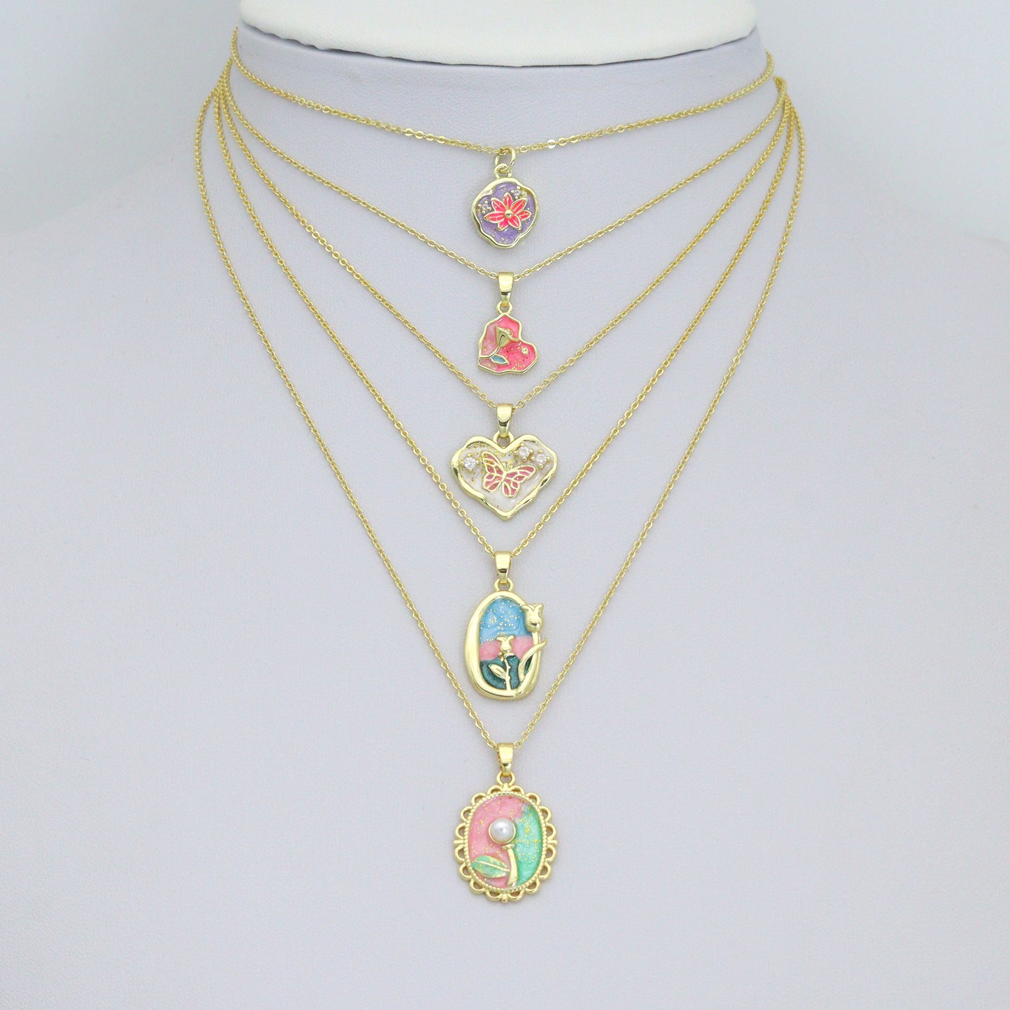 Gold Colorful Enamel Flower Butterfly Heart Oval Pendant charm, Sku#Z1484