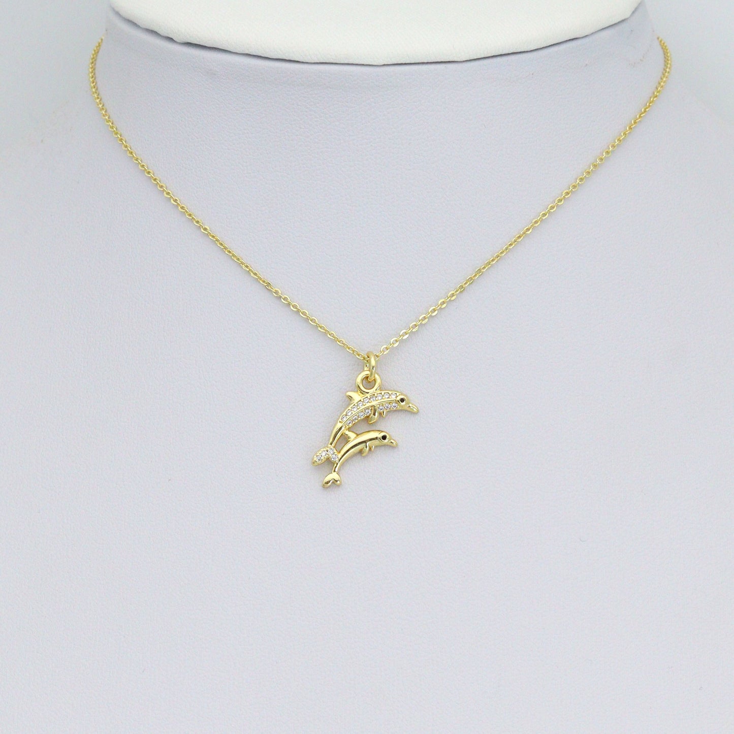 Gold Clear CZ Two Dolphins Pendant charm, Sku#LD763
