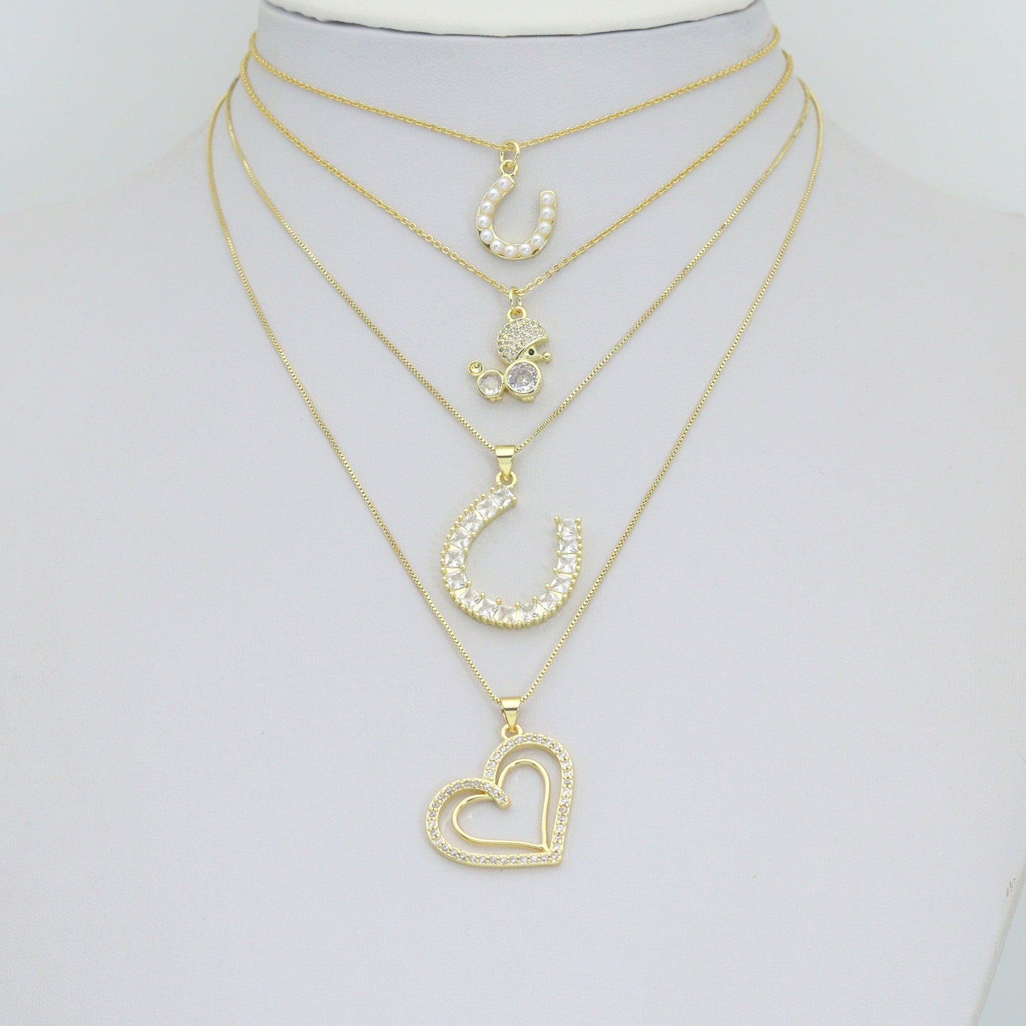 Gold Baguette CZ Horseshoe, Pearl Horseshoe, Double Heart, Mouse Charm Pendant, Sku#LK1295