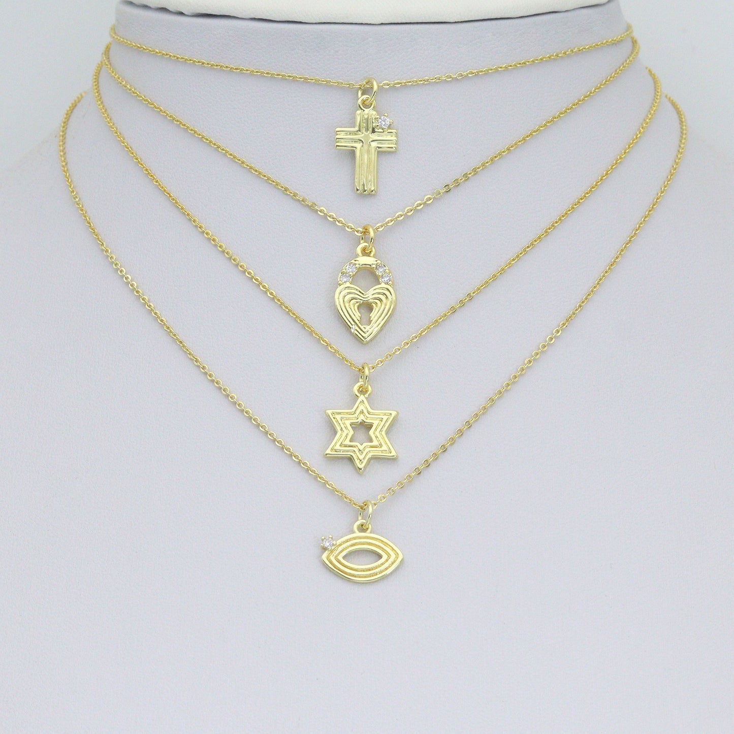Clear CZ Gold Groovy Heart lock, Star of David, Cross EYE Shape Charm Pendant, Sku#LX940