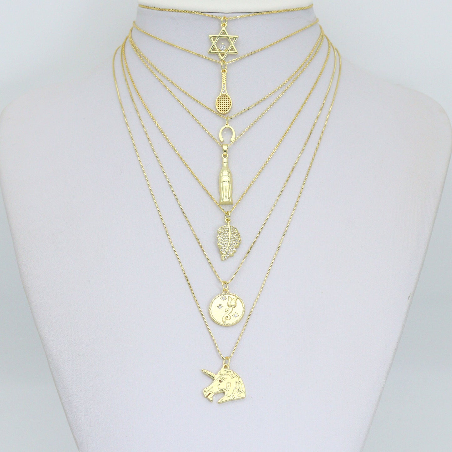 Clear CZ Tennis Racket, Star of David, Horse Shoe, Soda bottle, Gold Leaf, Rose Coin, Unicorn Charm Pendant, Sku#LX942