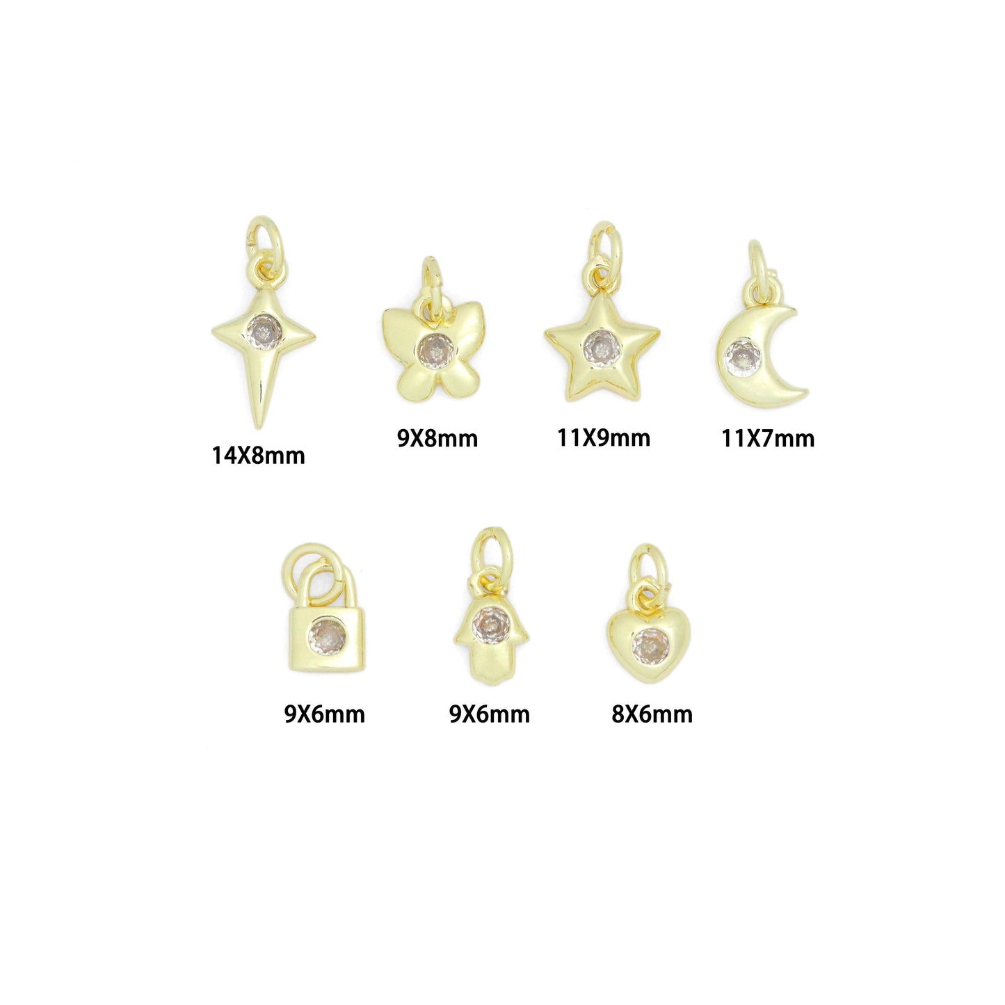 Clear CZ Gold Silver Star Butterfly Cresent Moon Lock Heart Charm Pendant, Sku#LX950