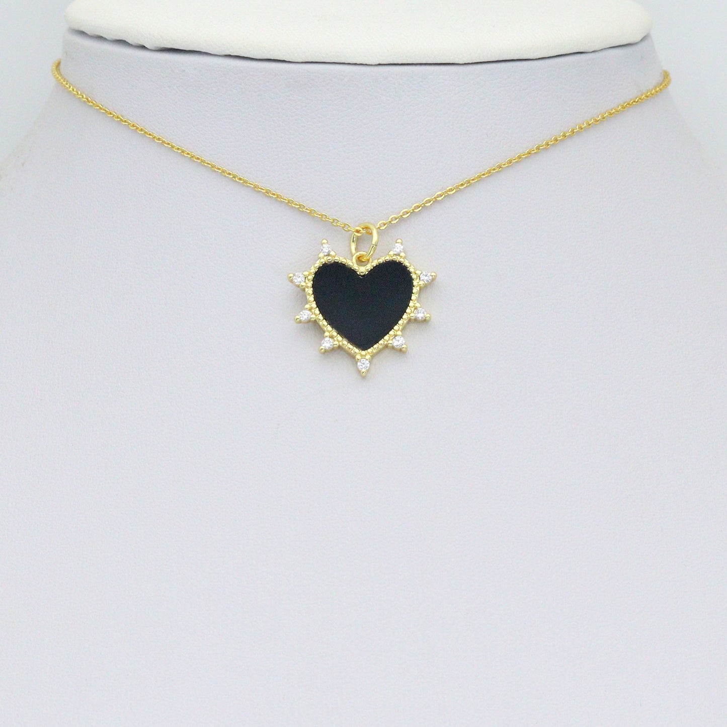 Gold Sunburst Spike Heart Pendant Collection – White, Black, Red & Turquoise, Sku#LX954