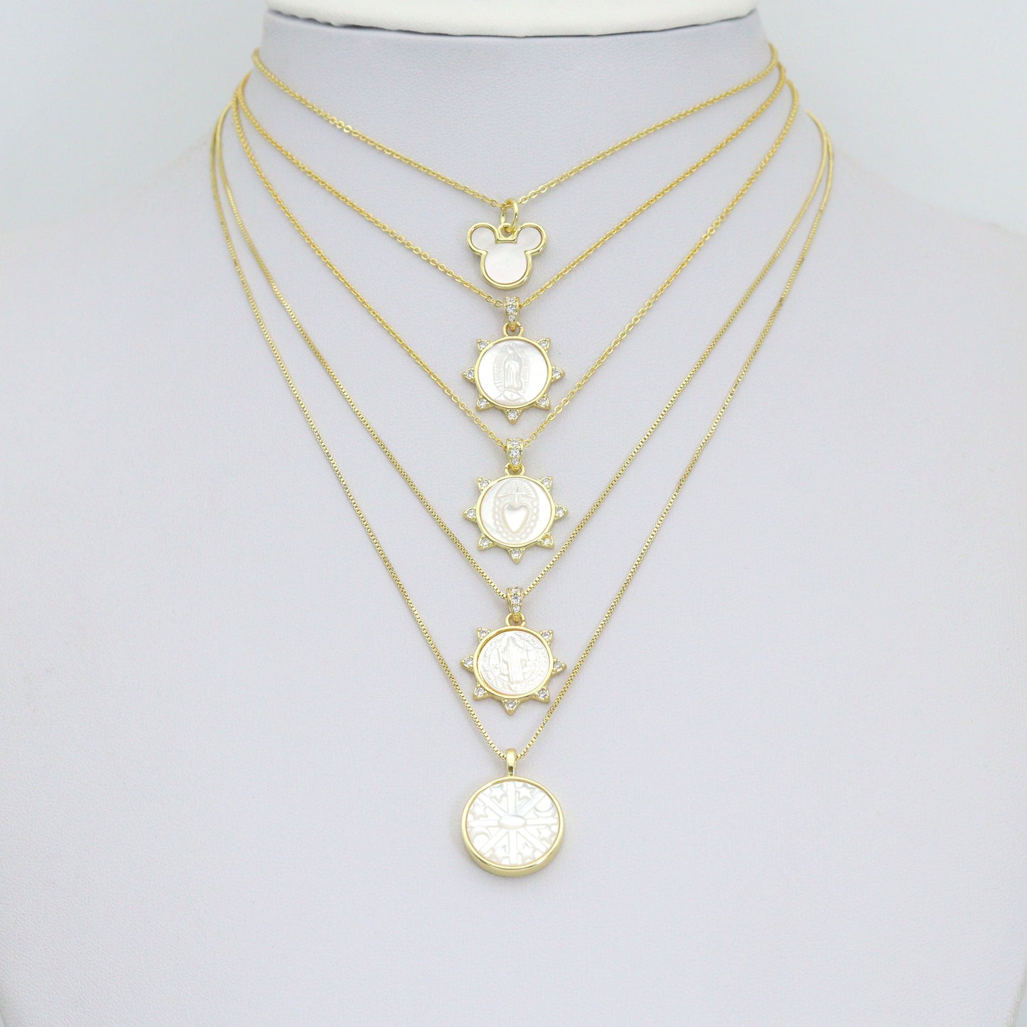 Gold Mother of Pearl Pendant Collection – Mouse Snowflake & Religious Designs, Sku#LX957