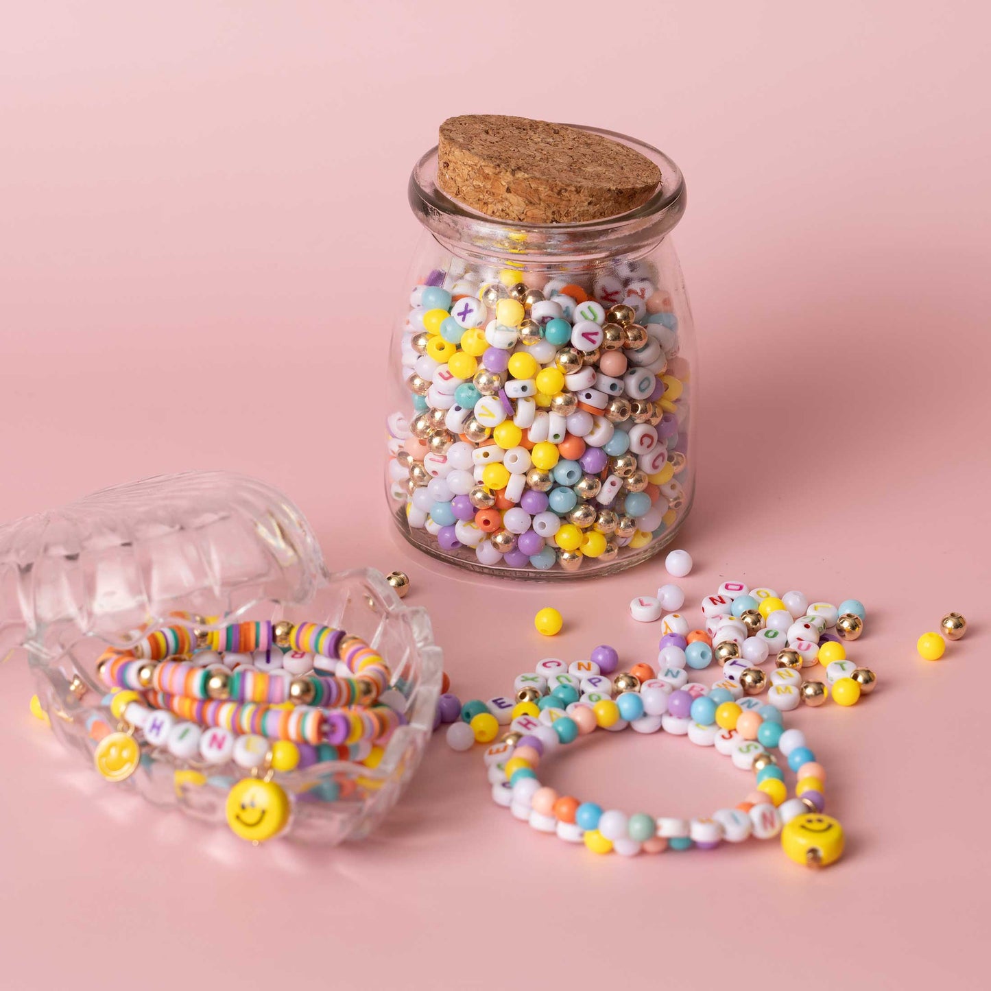 Shine Multicolor Letter Beads DIY Bracelet Jar with Ceramic Happy Face Charm