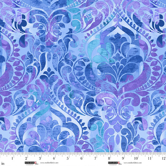 You Damask! Blue Cotton Wideback Fabric per yard
