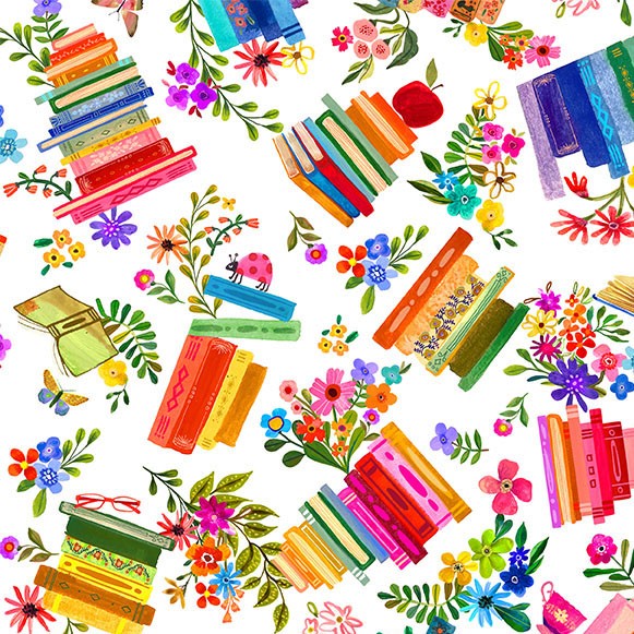 White In My Reading Era Books are Magic Cotton 44"/45" Fabric Per Yard