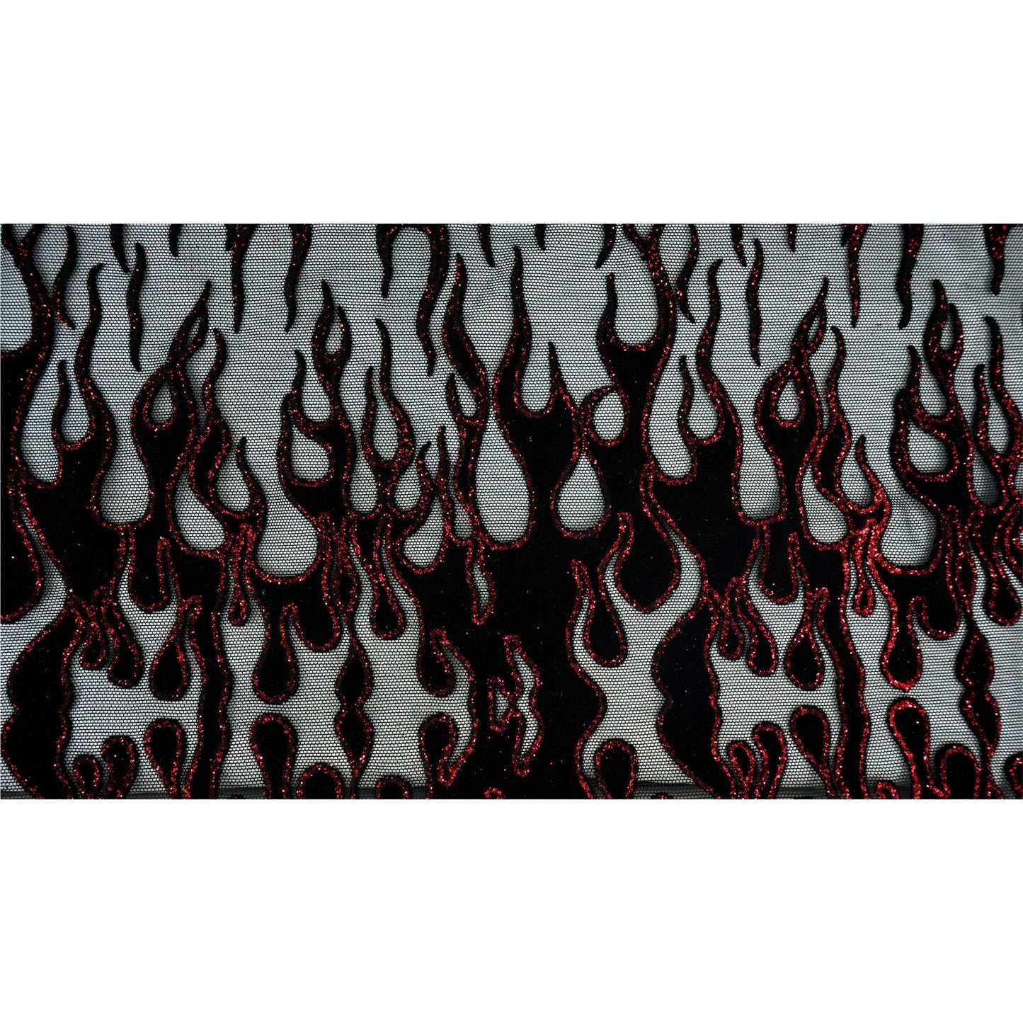Fiery Glittered Flocked Stretch Mesh Fabric | Blue Moon Fabrics