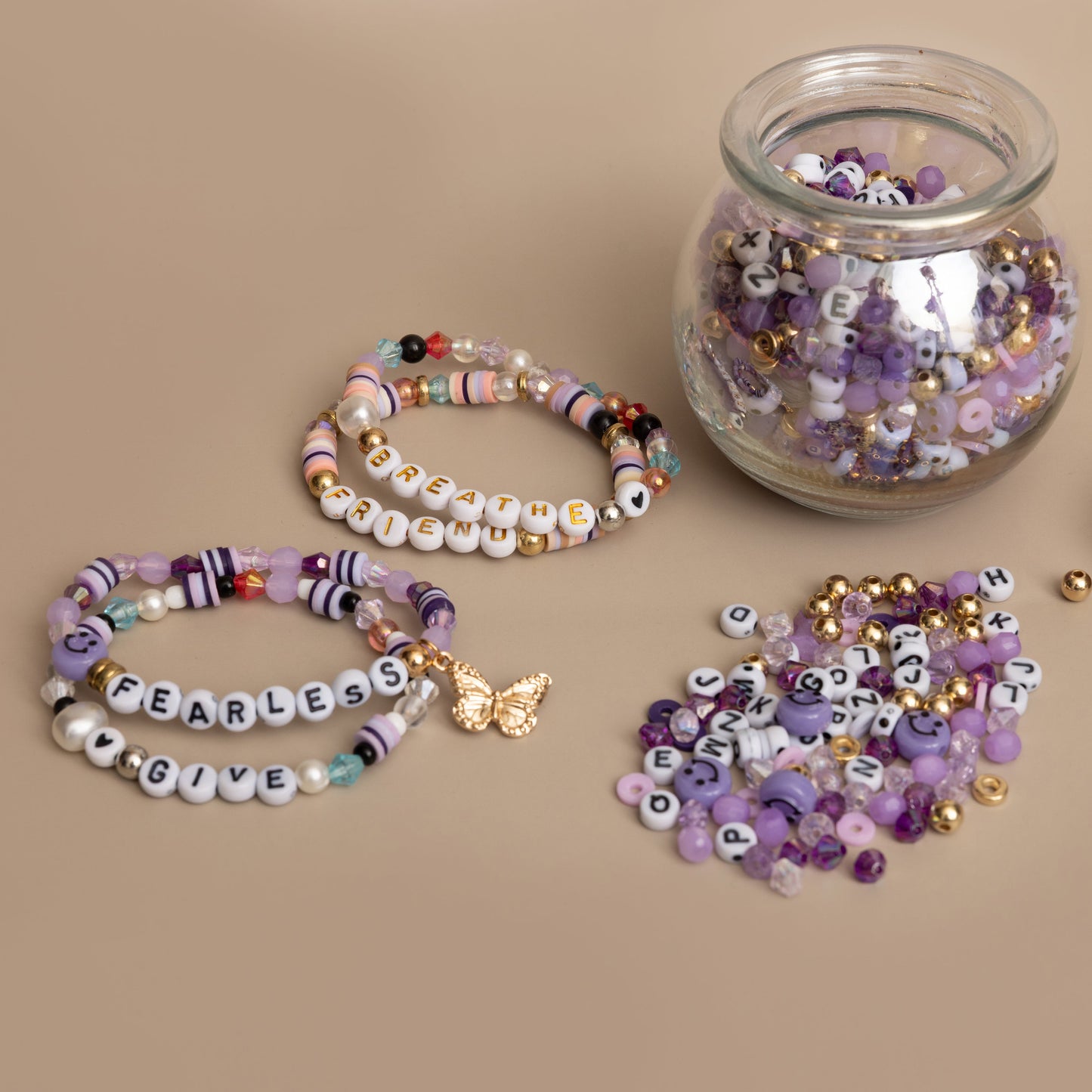 Fearless Lavender Purple Mix Beads Purple Smiley Faces Happy Face Gold Butterfly Charm DIY Jar