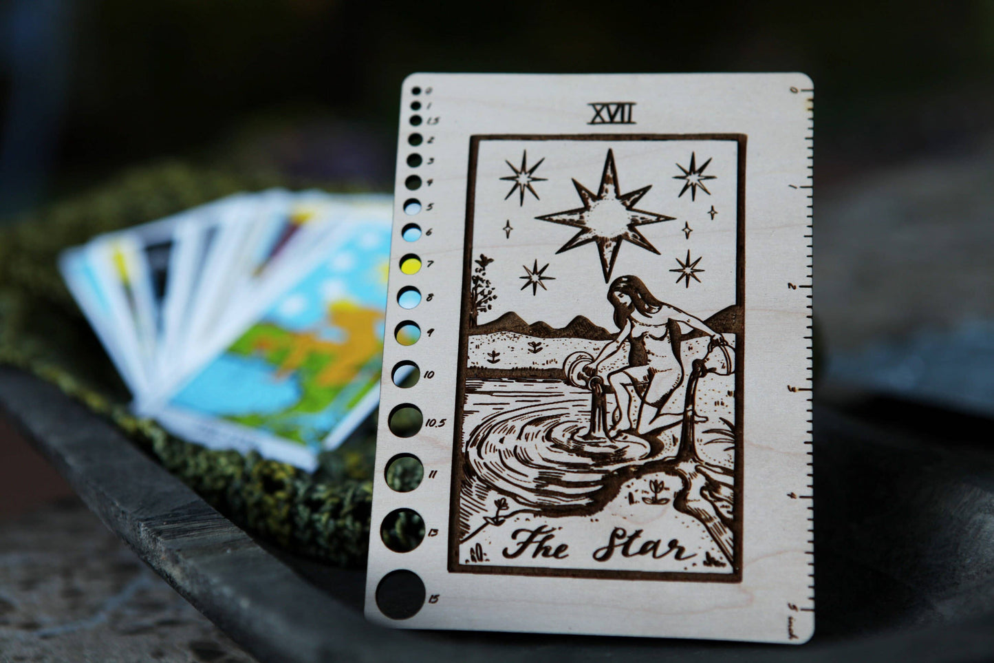 Maple Wood Moon Tarot Card Knitting Needle Gauge & 5" Ruler